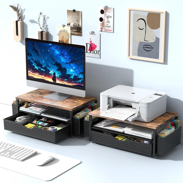 Alt view image 7 of 7 - Computer Monitor Stand with Drawer and 2 Pen Holders, Wood Double layer storage Computer Stand Monitor Riser Office Organization for Desk