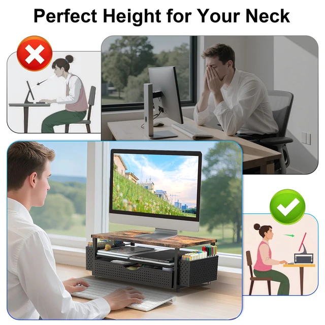 Alt view image 4 of 7 - Computer Monitor Stand with Drawer and 2 Pen Holders, Wood Double layer storage Computer Stand Monitor Riser Office Organization for Desk