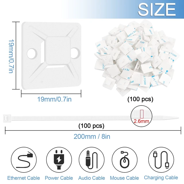 Alt view image 2 of 7 - Zip Tie Mounts - 1000 PCS Cable Self Adhesive Mounts Set for Wire Management with Stick Pads Anchors Clips Squares Holders (White)