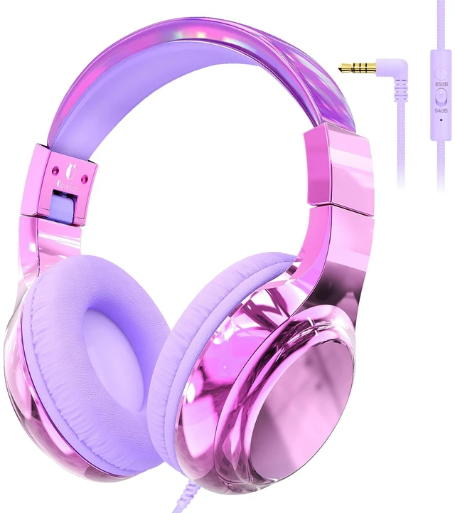 Main image of Kids Headphones with Cord with Mic, 85/94dB Safe Volume Limit foldable on-ear fit, tangle-free cord, sharing port, Kids Wired Headphones for school, Chromebook, tablet, travel, boys girls