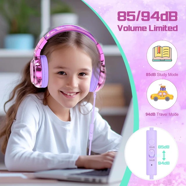 Alt view image 3 of 7 - Kids Headphones with Cord with Mic, 85/94dB Safe Volume Limit foldable on-ear fit, tangle-free cord, sharing port, Kids Wired Headphones for school, Chromebook, tablet, travel, boys girls