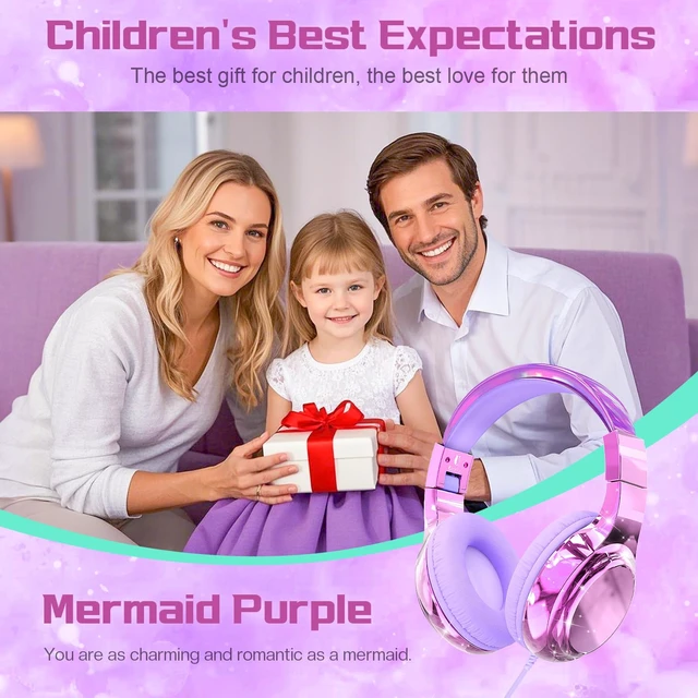 Alt view image 2 of 7 - Kids Headphones with Cord with Mic, 85/94dB Safe Volume Limit foldable on-ear fit, tangle-free cord, sharing port, Kids Wired Headphones for school, Chromebook, tablet, travel, boys girls