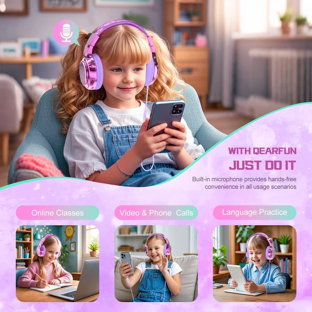 Alt view image 4 of 7 - Kids Headphones with Cord with Mic, 85/94dB Safe Volume Limit foldable on-ear fit, tangle-free cord, sharing port, Kids Wired Headphones for school, Chromebook, tablet, travel, boys girls