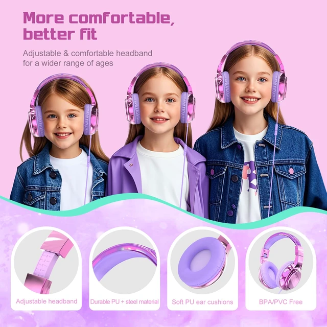 Alt view image 7 of 7 - Kids Headphones with Cord with Mic, 85/94dB Safe Volume Limit foldable on-ear fit, tangle-free cord, sharing port, Kids Wired Headphones for school, Chromebook, tablet, travel, boys girls