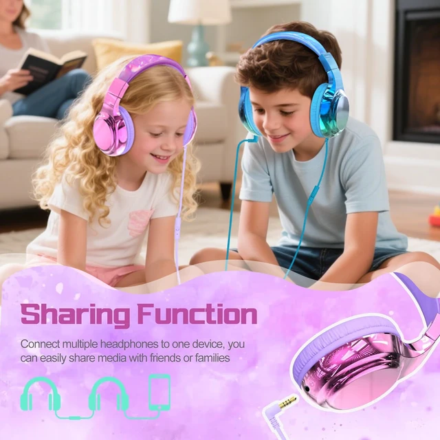 Alt view image 6 of 7 - Kids Headphones with Cord with Mic, 85/94dB Safe Volume Limit foldable on-ear fit, tangle-free cord, sharing port, Kids Wired Headphones for school, Chromebook, tablet, travel, boys girls