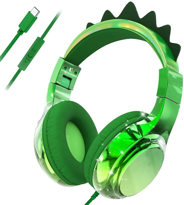 Main image of USB C Kids Dinosaur Wired Headphones with Mic, 85/94dB Volume Limit Kids headphones with cord, foldable on-ear fit, tangle-free, sharing port for school, Chromebook, tablet, travel, boys girls