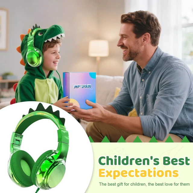 Alt view image 2 of 7 - USB C Kids Dinosaur Wired Headphones with Mic, 85/94dB Volume Limit Kids headphones with cord, foldable on-ear fit, tangle-free, sharing port for school, Chromebook, tablet, travel, boys girls