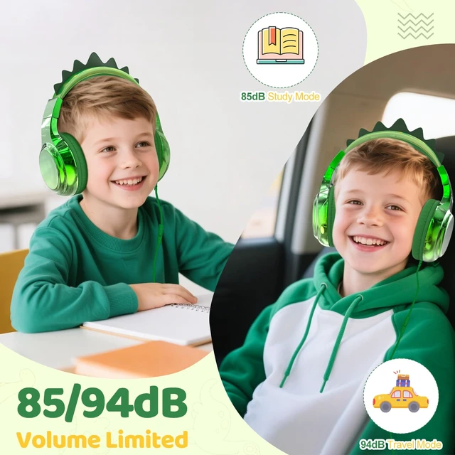 Alt view image 3 of 7 - USB C Kids Dinosaur Wired Headphones with Mic, 85/94dB Volume Limit Kids headphones with cord, foldable on-ear fit, tangle-free, sharing port for school, Chromebook, tablet, travel, boys girls