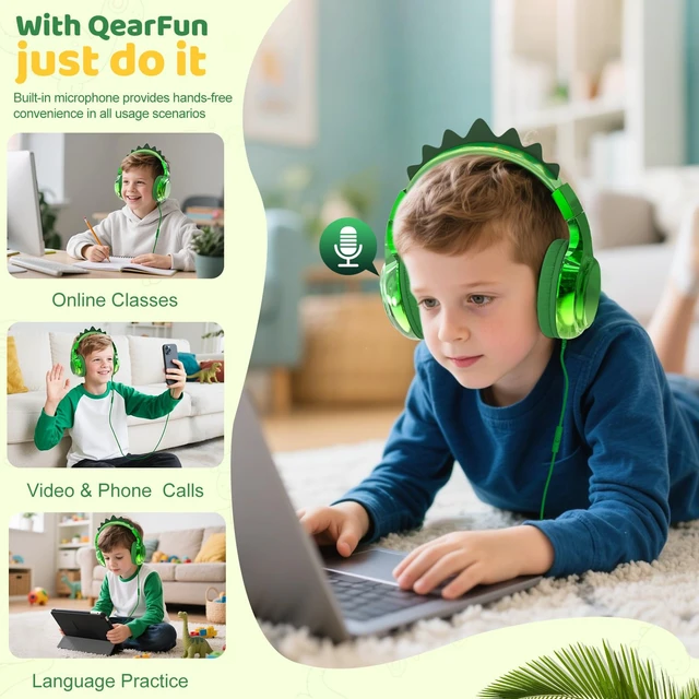 Alt view image 4 of 7 - USB C Kids Dinosaur Wired Headphones with Mic, 85/94dB Volume Limit Kids headphones with cord, foldable on-ear fit, tangle-free, sharing port for school, Chromebook, tablet, travel, boys girls