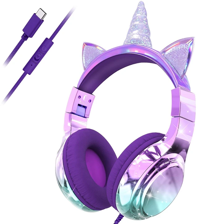Main image of USB C Kids Unicorn Wired Headphones with Mic, 85/94dB Volume Limit Kids headphones with cord, foldable on-ear fit, tangle-free, sharing port for school, Chromebook, tablet, travel, boys girls