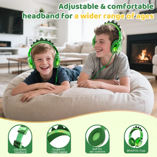Alt view image 7 of 7 - USB C Kids Dinosaur Wired Headphones with Mic, 85/94dB Volume Limit Kids headphones with cord, foldable on-ear fit, tangle-free, sharing port for school, Chromebook, tablet, travel, boys girls