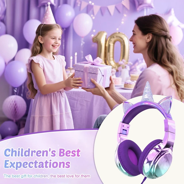 Alt view image 2 of 7 - USB C Kids Unicorn Wired Headphones with Mic, 85/94dB Volume Limit Kids headphones with cord, foldable on-ear fit, tangle-free, sharing port for school, Chromebook, tablet, travel, boys girls