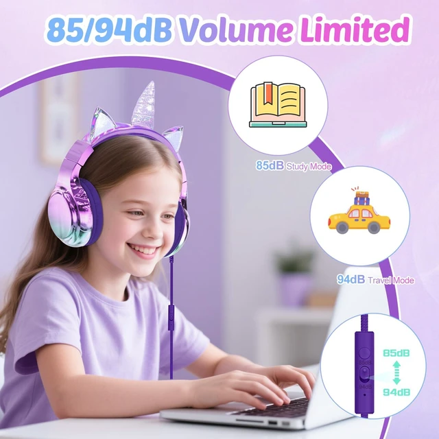 Alt view image 3 of 7 - USB C Kids Unicorn Wired Headphones with Mic, 85/94dB Volume Limit Kids headphones with cord, foldable on-ear fit, tangle-free, sharing port for school, Chromebook, tablet, travel, boys girls