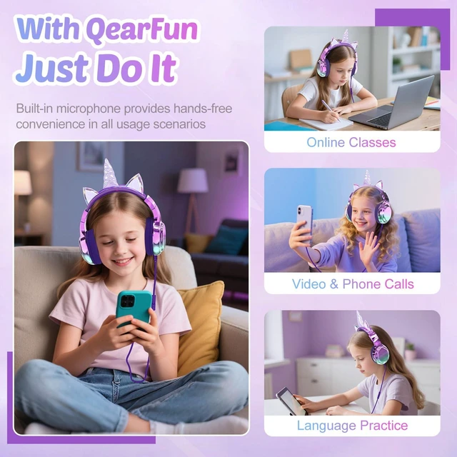 Alt view image 4 of 7 - USB C Kids Unicorn Wired Headphones with Mic, 85/94dB Volume Limit Kids headphones with cord, foldable on-ear fit, tangle-free, sharing port for school, Chromebook, tablet, travel, boys girls