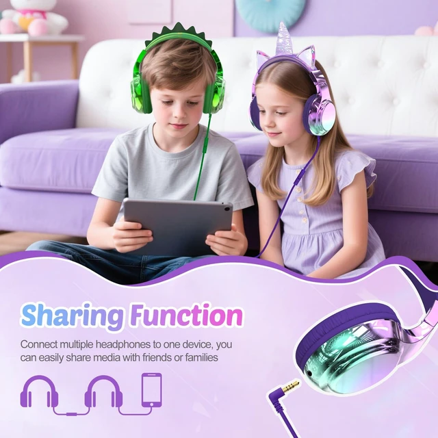 Alt view image 6 of 7 - USB C Kids Unicorn Wired Headphones with Mic, 85/94dB Volume Limit Kids headphones with cord, foldable on-ear fit, tangle-free, sharing port for school, Chromebook, tablet, travel, boys girls