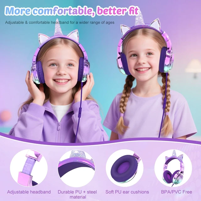 Alt view image 7 of 7 - USB C Kids Unicorn Wired Headphones with Mic, 85/94dB Volume Limit Kids headphones with cord, foldable on-ear fit, tangle-free, sharing port for school, Chromebook, tablet, travel, boys girls