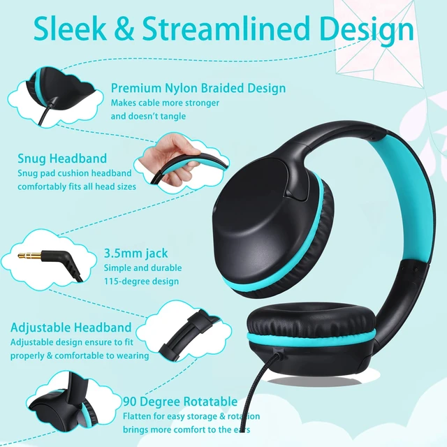 Alt view image 2 of 6 - Kids Headphones Over-Ear Headphones for Kids/Teens/School with 94dB Volume Limited Adjustable Stereo 3.5MM Jack Wire Cord for Fire Tablets/Travel/PC/Phones(Black)