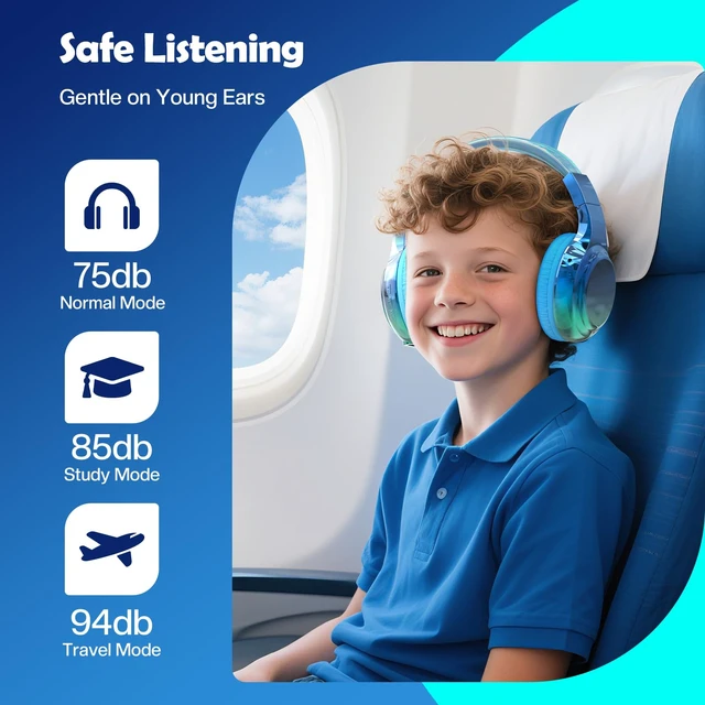 Alt view image 2 of 7 - Kids Bluetooth Headphones, 60H Playtime, 74/85/94dB Volume Limit For school, tablet, travel, kids wireless headphones feature HD mic, fast charging, foldable design, boys girls, wired mode