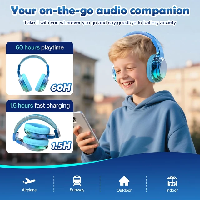 Alt view image 3 of 7 - Kids Bluetooth Headphones, 60H Playtime, 74/85/94dB Volume Limit For school, tablet, travel, kids wireless headphones feature HD mic, fast charging, foldable design, boys girls, wired mode