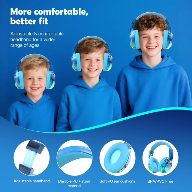 Alt view image 4 of 7 - Kids Bluetooth Headphones, 60H Playtime, 74/85/94dB Volume Limit For school, tablet, travel, kids wireless headphones feature HD mic, fast charging, foldable design, boys girls, wired mode