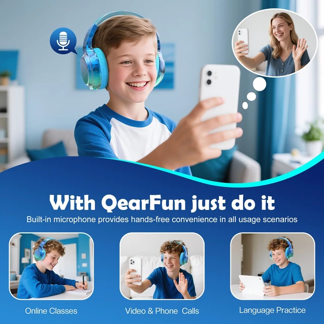 Alt view image 5 of 7 - Kids Bluetooth Headphones, 60H Playtime, 74/85/94dB Volume Limit For school, tablet, travel, kids wireless headphones feature HD mic, fast charging, foldable design, boys girls, wired mode
