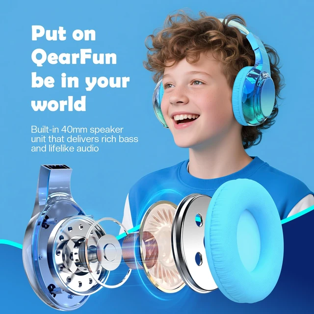 Alt view image 7 of 7 - Kids Bluetooth Headphones, 60H Playtime, 74/85/94dB Volume Limit For school, tablet, travel, kids wireless headphones feature HD mic, fast charging, foldable design, boys girls, wired mode