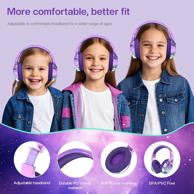 Alt view image 4 of 7 - Kids Bluetooth Headphones, 60H Playtime, 74/85/94dB Volume Limit For school, tablet, travel, kids wireless headphones feature HD mic, fast charging, foldable design, boys girls, wired mode