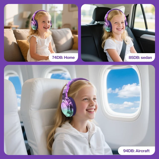 Alt view image 2 of 7 - Kids Bluetooth Headphones, 60H Playtime, 74/85/94dB Volume Limit For school, tablet, travel, kids wireless headphones feature HD mic, fast charging, foldable design, boys girls, wired mode