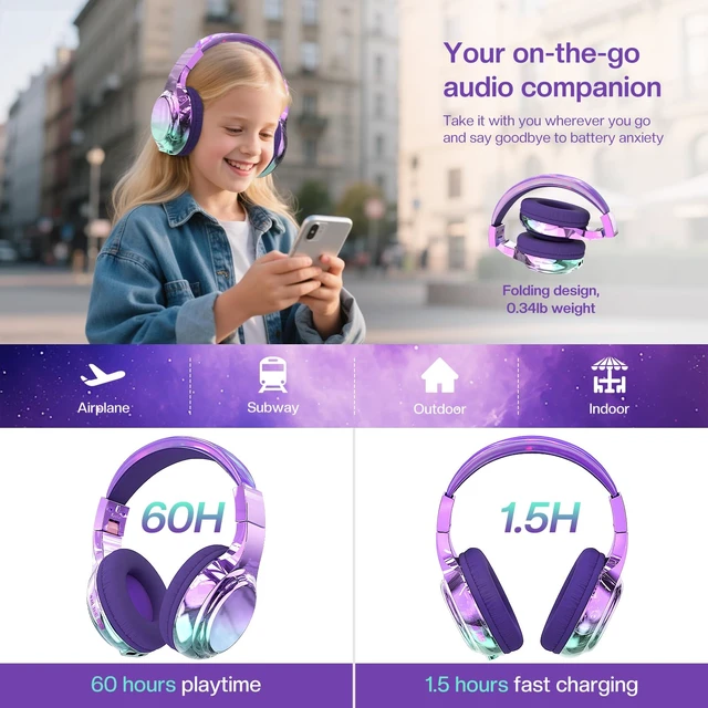Alt view image 3 of 7 - Kids Bluetooth Headphones, 60H Playtime, 74/85/94dB Volume Limit For school, tablet, travel, kids wireless headphones feature HD mic, fast charging, foldable design, boys girls, wired mode