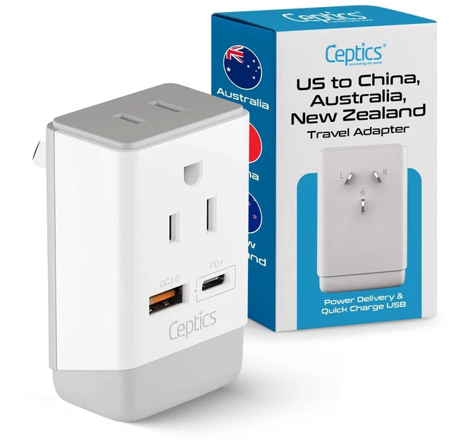 Main image of Australia China New Zealand Power Plug Adapter, QC 3.0 & PD - Safe Dual USB & USB-C - 2 USA Socket for USA to Australian New Zealand Fiji Argentina, Type I AP-16 Fast Charging