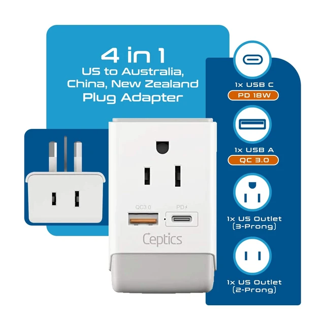 Alt view image 2 of 7 - Australia China New Zealand Power Plug Adapter, QC 3.0 & PD - Safe Dual USB & USB-C - 2 USA Socket for USA to Australian New Zealand Fiji Argentina, Type I AP-16 Fast Charging