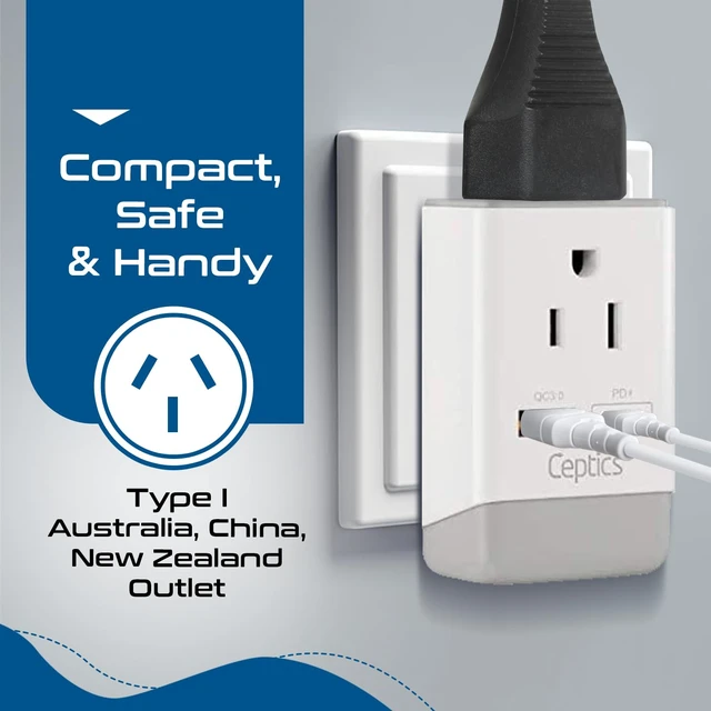 Alt view image 6 of 7 - Australia China New Zealand Power Plug Adapter, QC 3.0 & PD - Safe Dual USB & USB-C - 2 USA Socket for USA to Australian New Zealand Fiji Argentina, Type I AP-16 Fast Charging