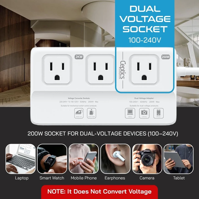 Alt view image 2 of 7 - 220v to 110v Converter for Travel, 2000W Voltage Converter US to Europe with 3 AC outlets, 4 USB Ports (2X USB-C) and 6 SWadAPt attachments