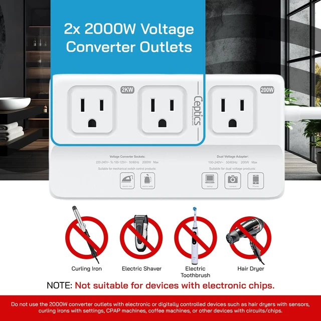 Alt view image 3 of 7 - 220v to 110v Converter for Travel, 2000W Voltage Converter US to Europe with 3 AC outlets, 4 USB Ports (2X USB-C) and 6 SWadAPt attachments