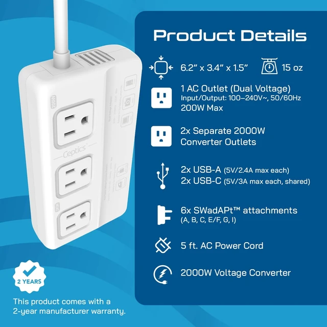 Alt view image 4 of 7 - 220v to 110v Converter for Travel, 2000W Voltage Converter US to Europe with 3 AC outlets, 4 USB Ports (2X USB-C) and 6 SWadAPt attachments