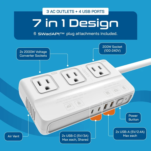 Alt view image 5 of 7 - 220v to 110v Converter for Travel, 2000W Voltage Converter US to Europe with 3 AC outlets, 4 USB Ports (2X USB-C) and 6 SWadAPt attachments