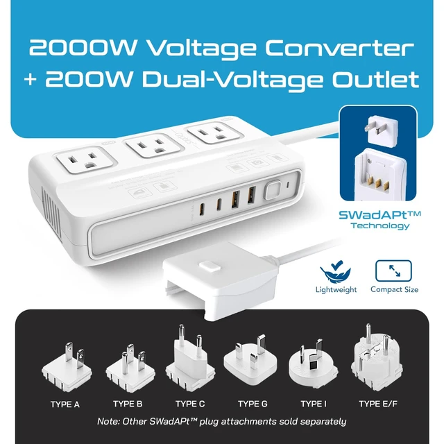 Alt view image 7 of 7 - 220v to 110v Converter for Travel, 2000W Voltage Converter US to Europe with 3 AC outlets, 4 USB Ports (2X USB-C) and 6 SWadAPt attachments