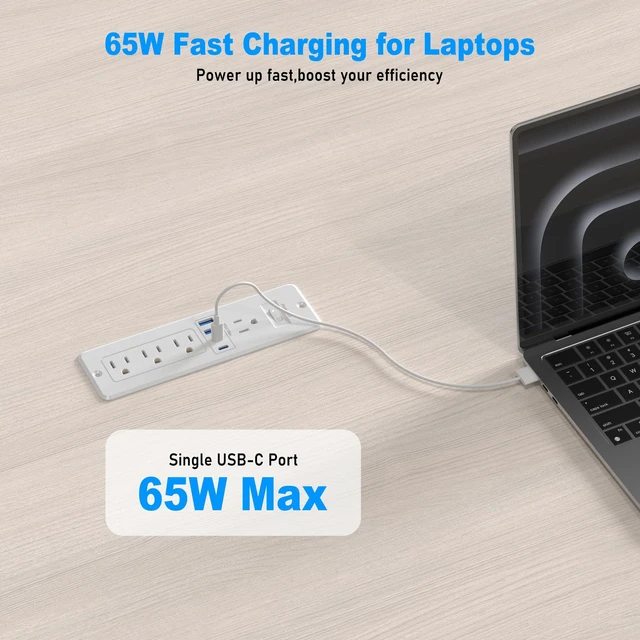 Alt view image 3 of 7 - 65W USB C Recessed Power Strip, Flush Mount Recessed Outlet Hidden Furniture Charging Station with 4 Outlets & 2 GaN USB C & 2 USB-A Ports for Drawer Cabinet 10FT Cord White