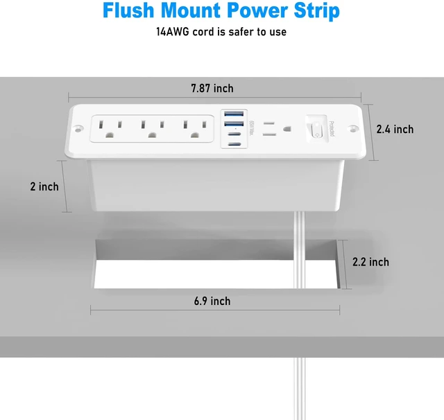 Alt view image 7 of 7 - 65W USB C Recessed Power Strip, Flush Mount Recessed Outlet Hidden Furniture Charging Station with 4 Outlets & 2 GaN USB C & 2 USB-A Ports for Drawer Cabinet 10FT Cord White