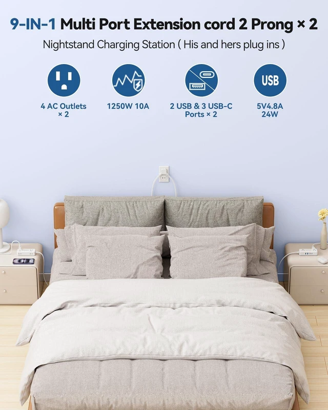 Alt view image 4 of 7 - 2 Prong Split Extension Cord 10FT (5FT on Each Side), White Single Flat Plug Twin Extension Cord with 4 AC Outlets, 2 USB-A & 3 USB-C, for Polarized Two Prong Outlet, Old House