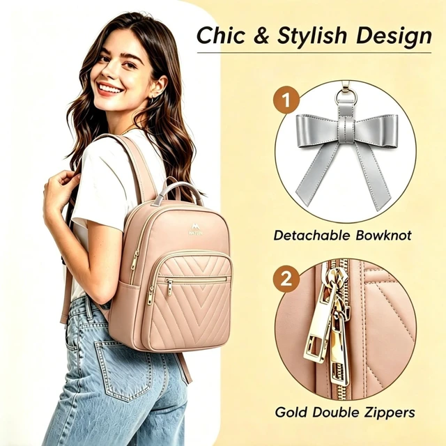 Alt view image 5 of 7 - Small Backpack Purse for Women, Mini Bookbag, 2pcs Sets, Champagne Casual Daily Handbags Shoulder Bag, Waterproof Fashion Cute Backpack, Ladies Girls Daypack, for Travel Work School College