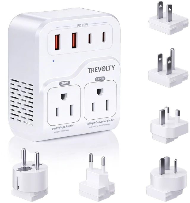 Main image of 2000W Voltage Converter US to Europe for Hair Dryers, 220V to 110V Converter for European Travel with 3 AC/2 USBA/2 USBC Ports (PD20W), 7-in-1 Universal Travel Adapter for UK