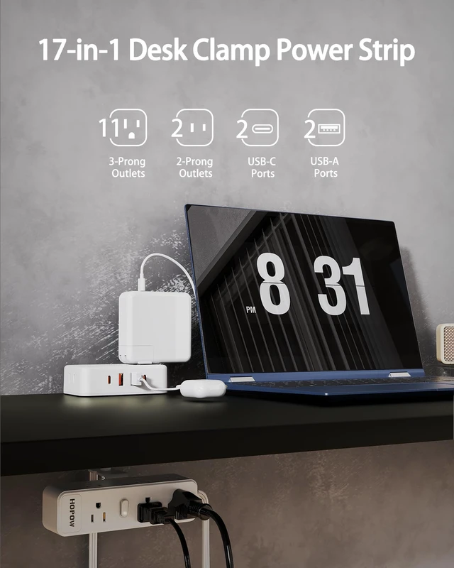 Alt view image 2 of 7 - Dual Layer Desk Clamp Power Strip, 13 Outlets 4 USB, 10FT Cord, White 1875/15A, Under Desk Surge Protector(1700J), Keeps Desk Tidy, Wide Spaced, Desktop Edge Mount for Office Home Workshop Gaming
