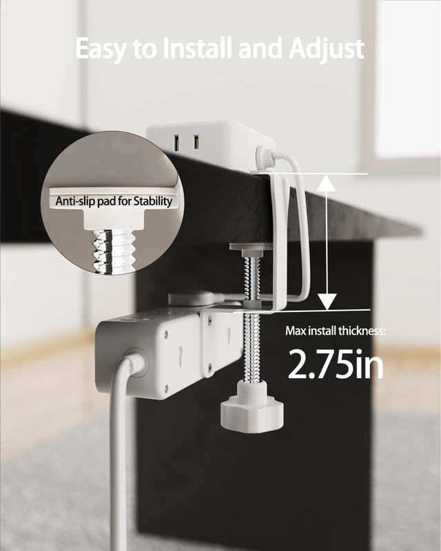 Alt view image 3 of 7 - Dual Layer Desk Clamp Power Strip, 13 Outlets 4 USB, 10FT Cord, White 1875/15A, Under Desk Surge Protector(1700J), Keeps Desk Tidy, Wide Spaced, Desktop Edge Mount for Office Home Workshop Gaming