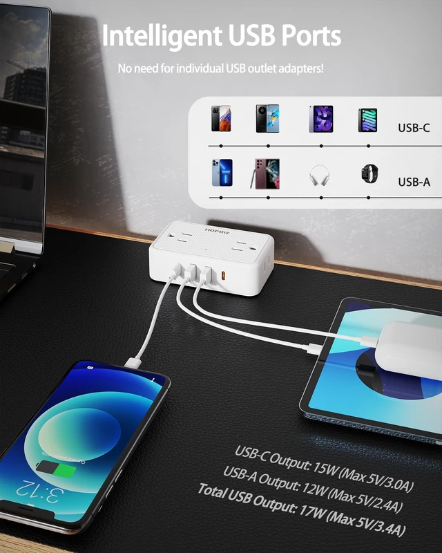 Alt view image 4 of 7 - Dual Layer Desk Clamp Power Strip, 13 Outlets 4 USB, 10FT Cord, White 1875/15A, Under Desk Surge Protector(1700J), Keeps Desk Tidy, Wide Spaced, Desktop Edge Mount for Office Home Workshop Gaming