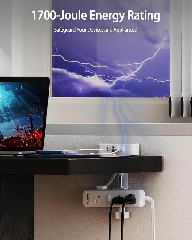Alt view image 5 of 7 - Dual Layer Desk Clamp Power Strip, 13 Outlets 4 USB, 10FT Cord, White 1875/15A, Under Desk Surge Protector(1700J), Keeps Desk Tidy, Wide Spaced, Desktop Edge Mount for Office Home Workshop Gaming