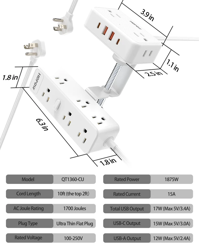 Alt view image 7 of 7 - Dual Layer Desk Clamp Power Strip, 13 Outlets 4 USB, 10FT Cord, White 1875/15A, Under Desk Surge Protector(1700J), Keeps Desk Tidy, Wide Spaced, Desktop Edge Mount for Office Home Workshop Gaming