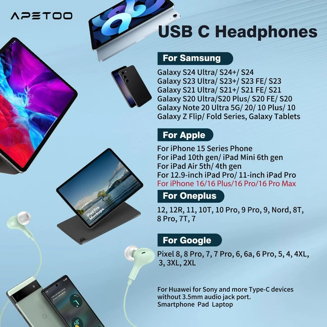 Alt view image 7 of 7 - USB C Headphones for iPhone 18 Pro Max 17 16 15/Galaxy S26 FE Wired Earbuds Mic Volume Control Magnetic Noise Isolation in-Ear Type C Earphones for iPad 10/Mini/Samsung S25 S24 S23 S22/Pixel 11 10 9 8