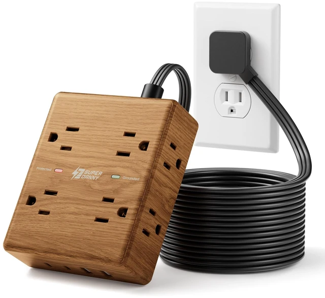 Main image of Brown Extension Cord 10Ft, Flat Plug Power Strip Surge Protector Outlet Extender with 8 Outlets & 4 USB (2 USB C), Desktop Charging Station, Decorative Office Desk Accessories, Brown Wood