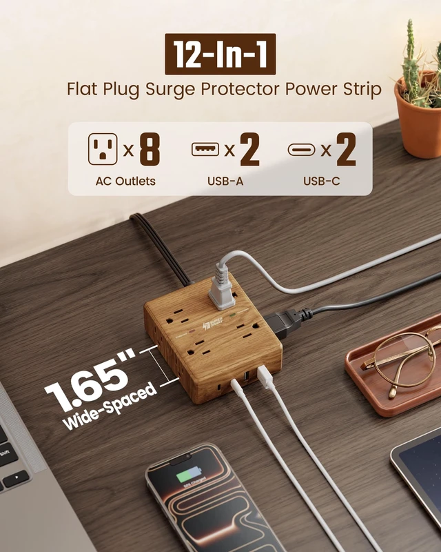 Alt view image 2 of 7 - Brown Extension Cord 10Ft, Flat Plug Power Strip Surge Protector Outlet Extender with 8 Outlets & 4 USB (2 USB C), Desktop Charging Station, Decorative Office Desk Accessories, Brown Wood